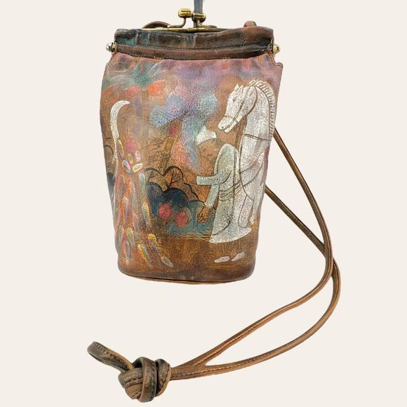 Vintage Artist Signed Jane Yoo Wearable Art Handpainted Leather Crossbody Purse - Picture 1 of 12